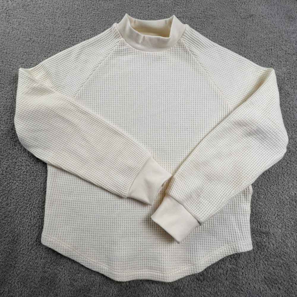Madewell Waffle Knit Mock Neck Raglan Top XS Cream Minimalist Casual Chic Costal